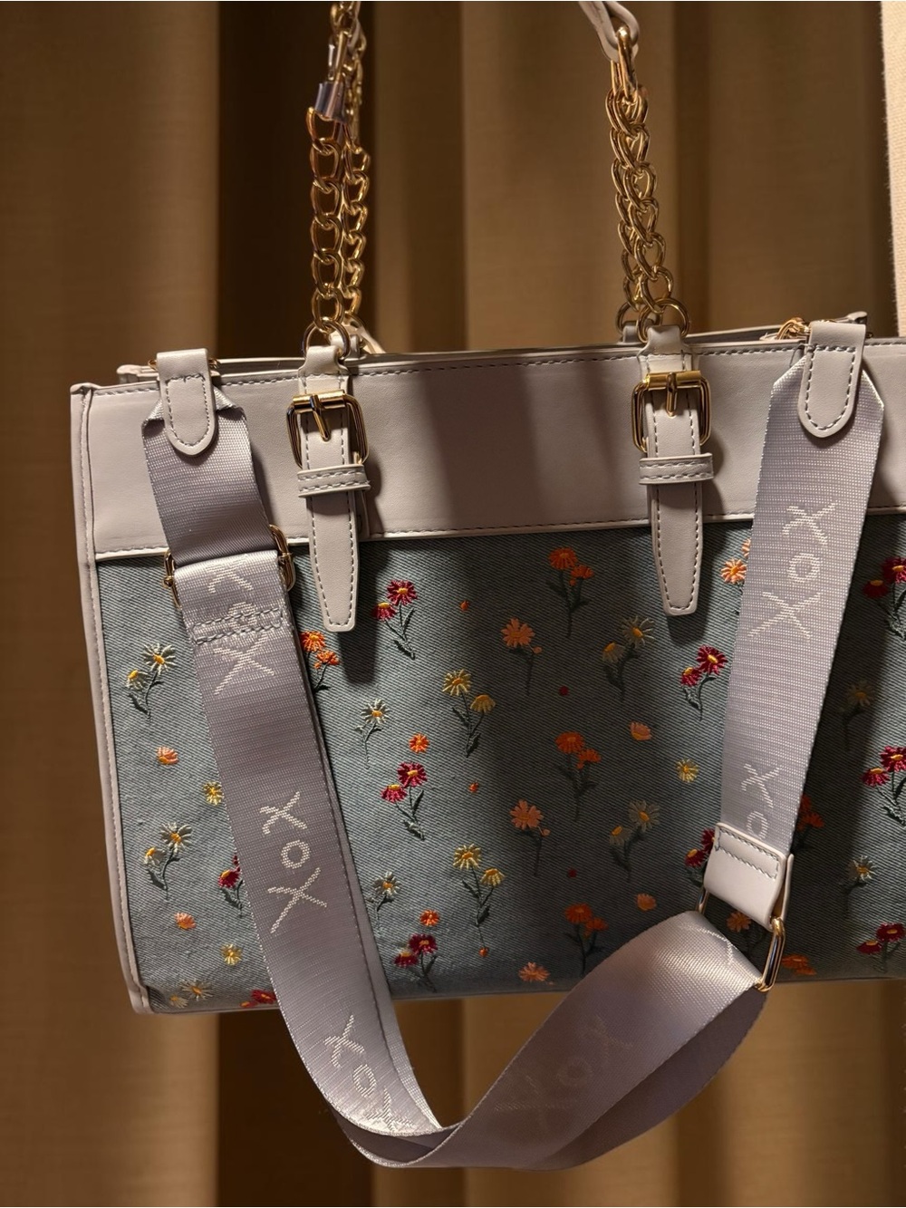 Betsey Johnson Denim Floral Satchel with Pastel Hot Air Balloon Charm NWT 💐 - Picture 4 of 13